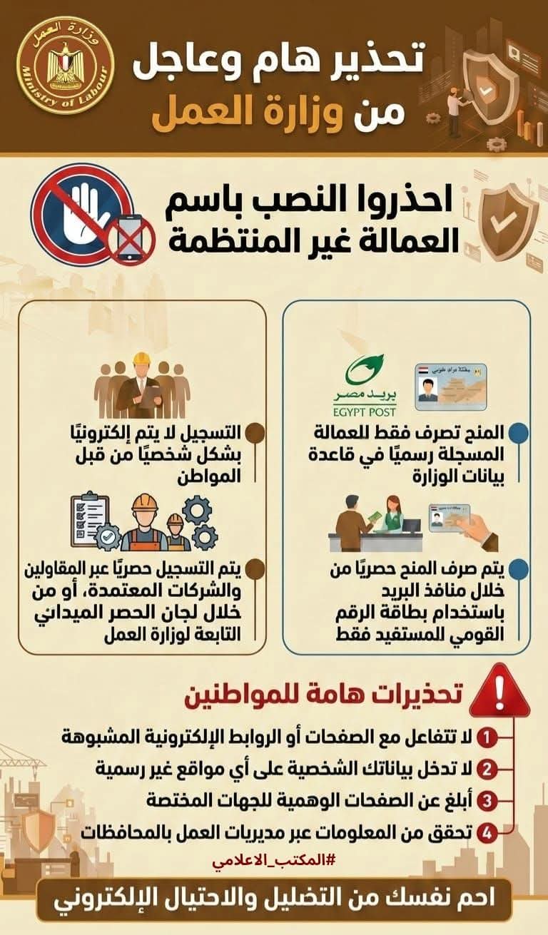 وزارة العمل تحذر من صفحات وهمية تستغل منح العمالة غير المنتظمة للنصب على المواطنين