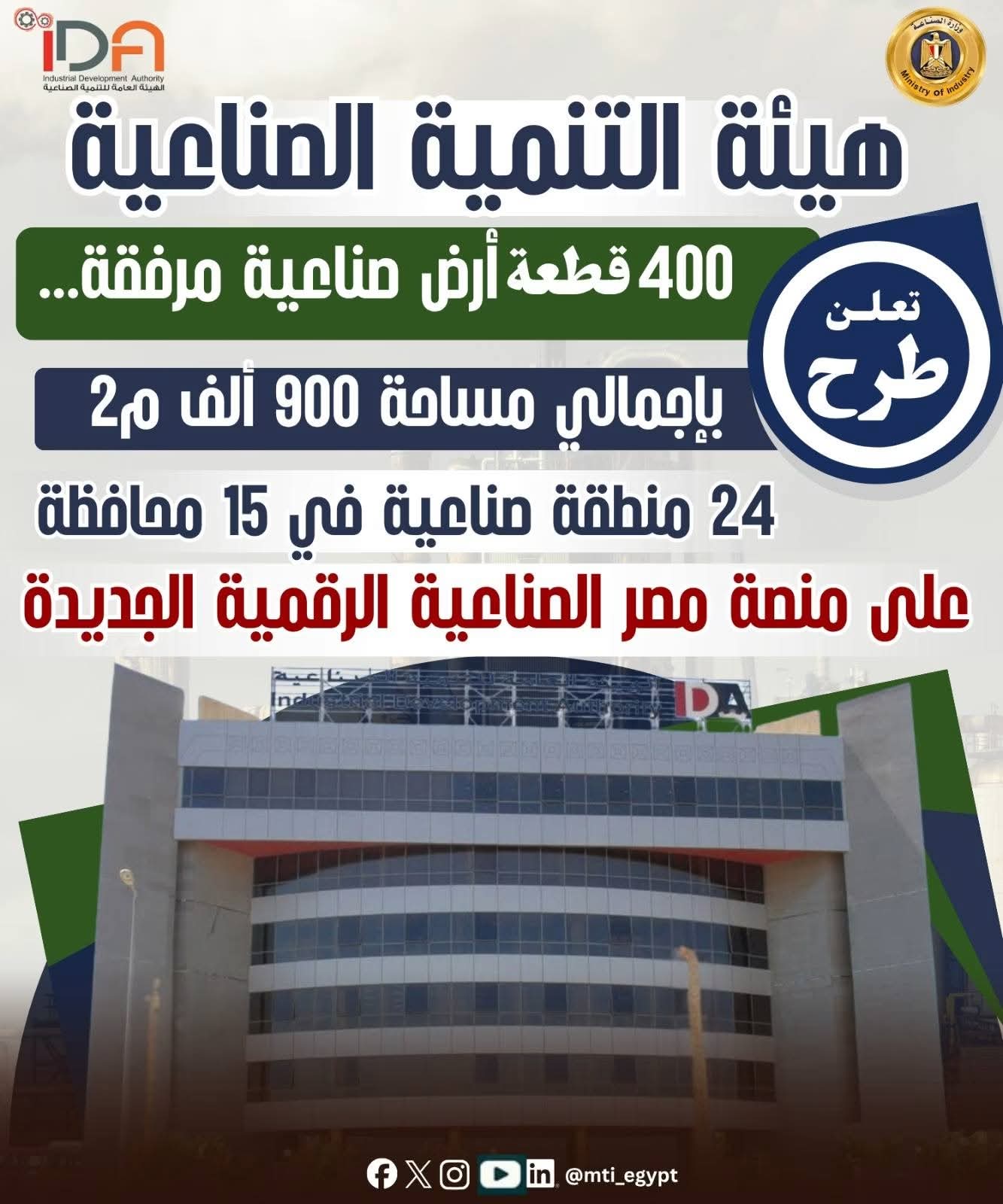 هيئة التنمية الصناعية تعلن طرح ٤٠٠ قطعة أرض مرفقة بـ ١٥ محافظة على المنصة الرقمية وتخصيصها لمنتجات محددة لتوطين الصناعات المغذية